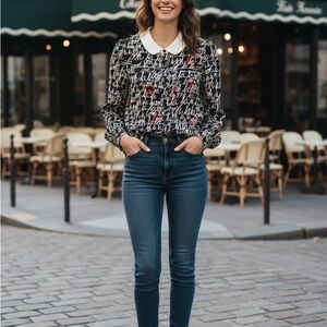 Kate Spade Black and White Script with Red Hearts Blouse